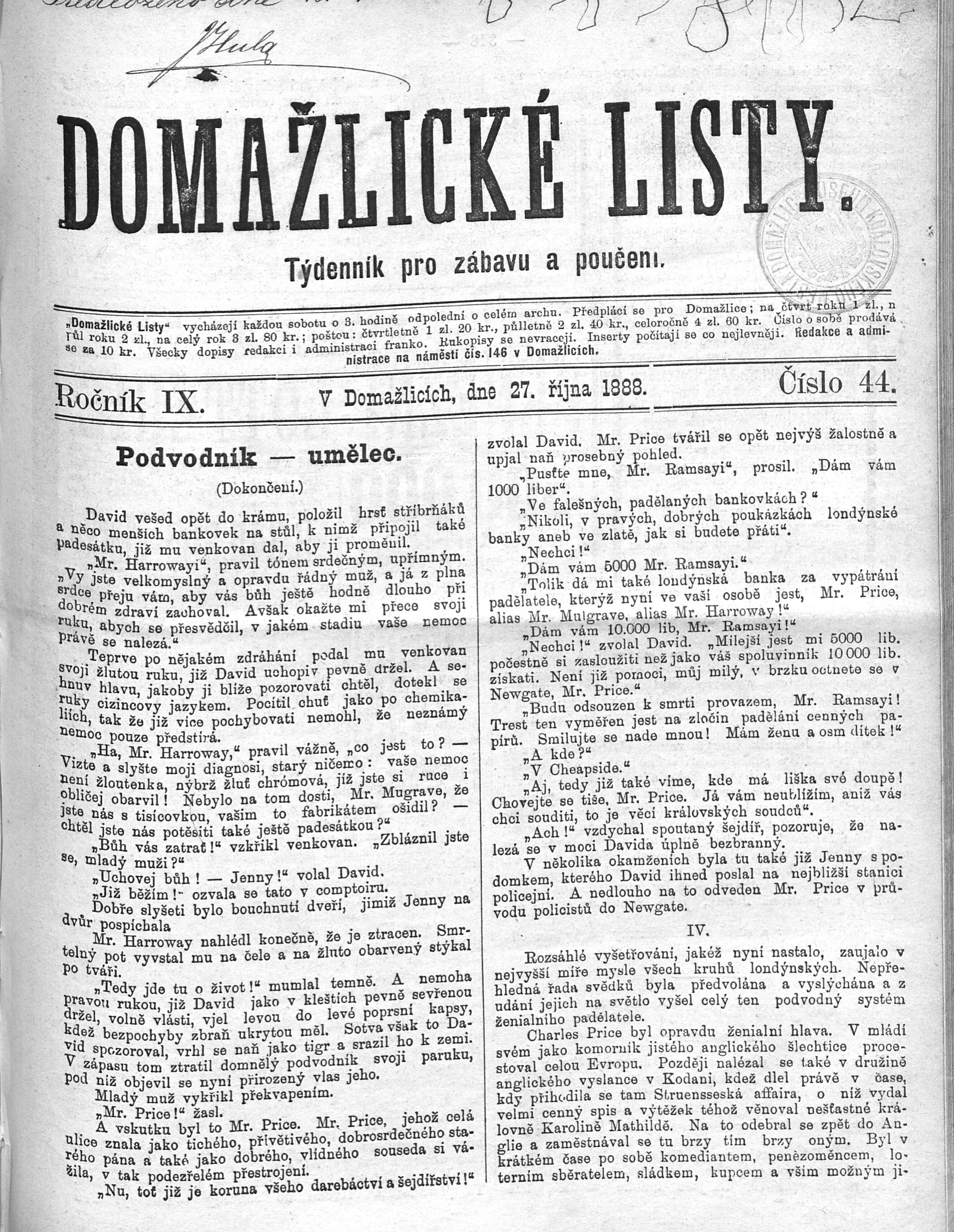 1. domazlicke-listy-1888-10-27-n44_1735